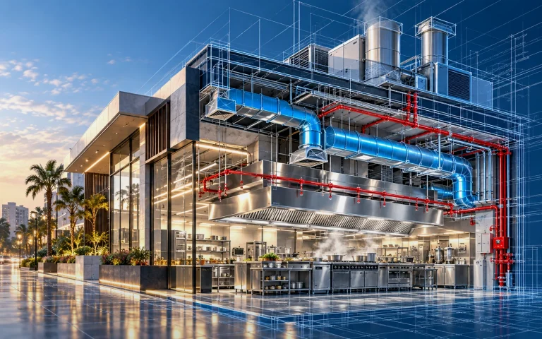 Commercial kitchen HVAC coordination (illustrative visualization)