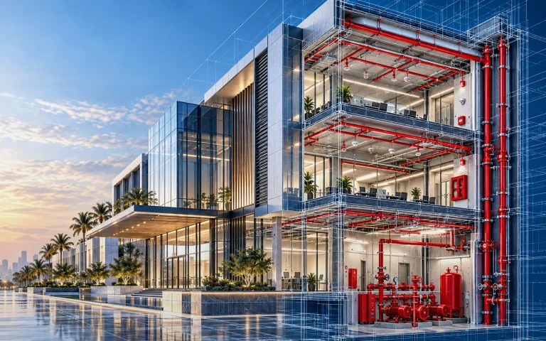 Fire protection piping and sprinklers (illustrative visualization)