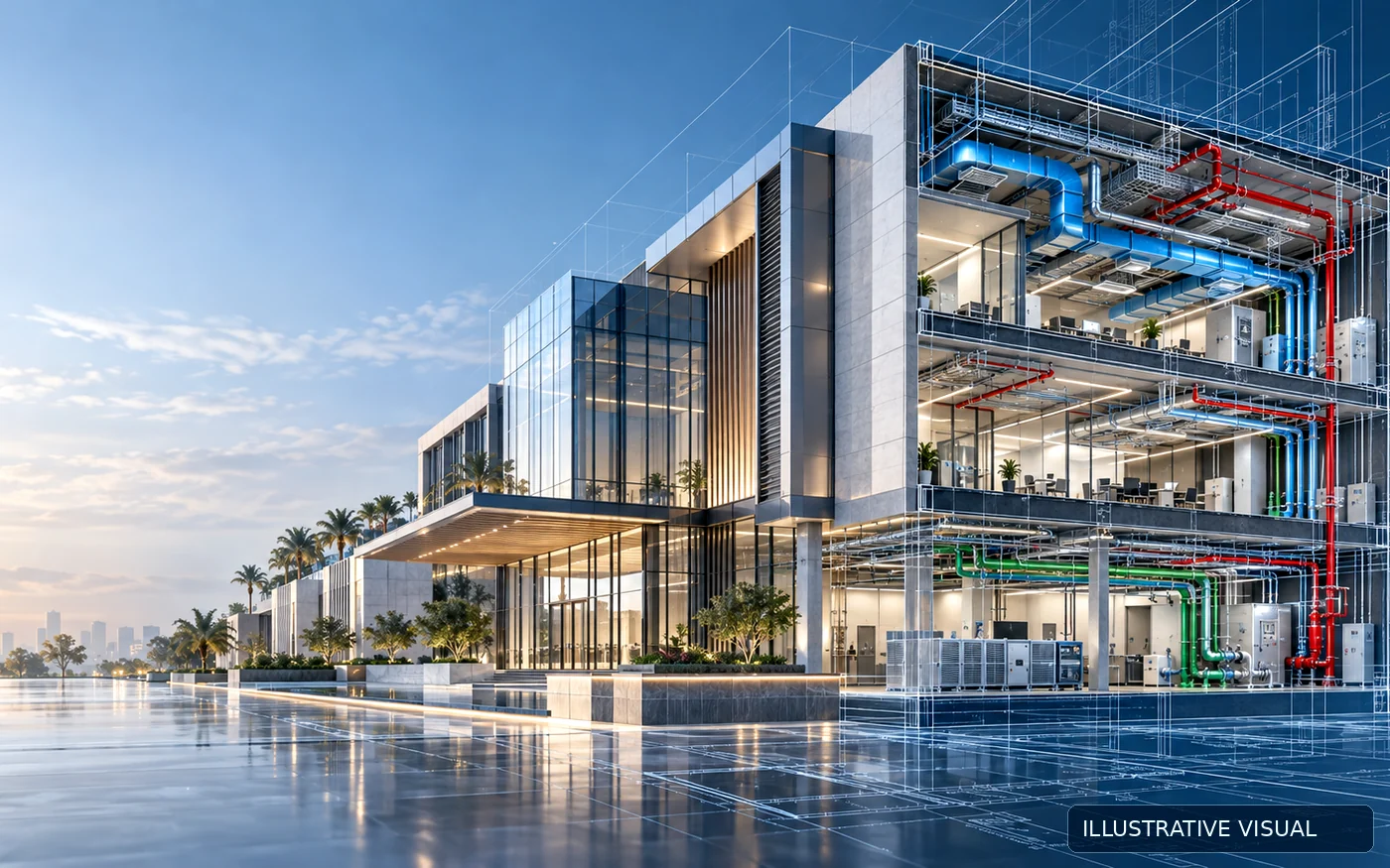 Illustrative office building with MEP systems cutaway
