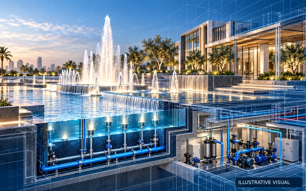 Illustrative fountain hydraulics and filtration equipment