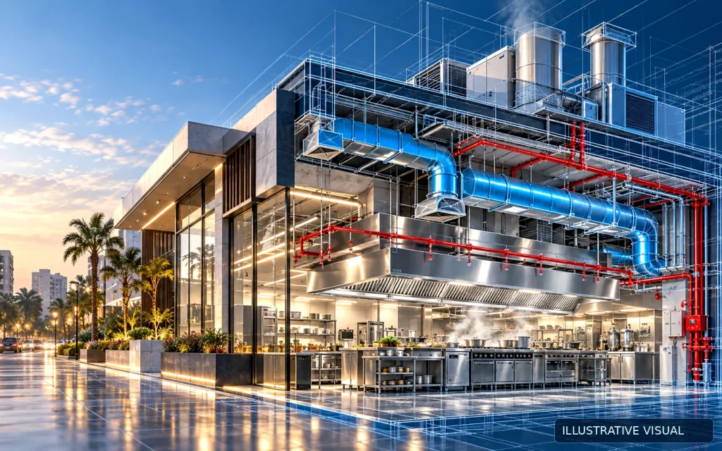 Illustrative commercial kitchen HVAC and fire protection