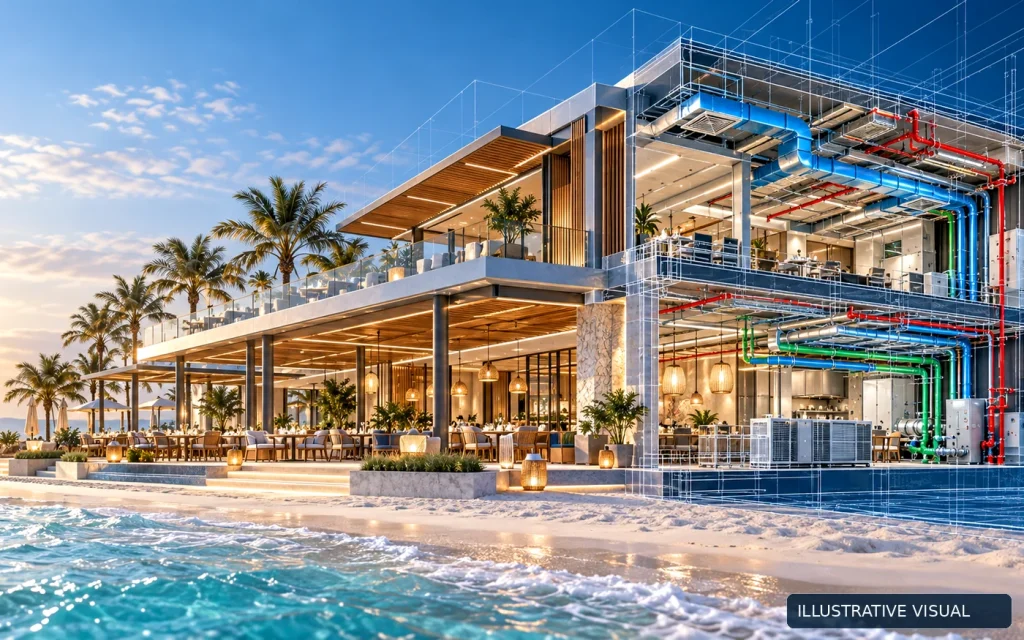 Illustrative visualization of a beachfront restaurant and integrated MEP systems